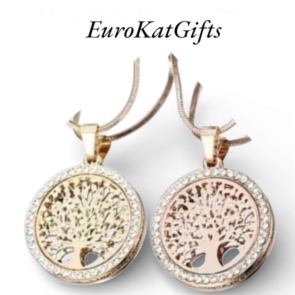 NEW Rose Gold Rhinestone Crystal Tree of Life Pendant Necklace 18-22”chain NWT